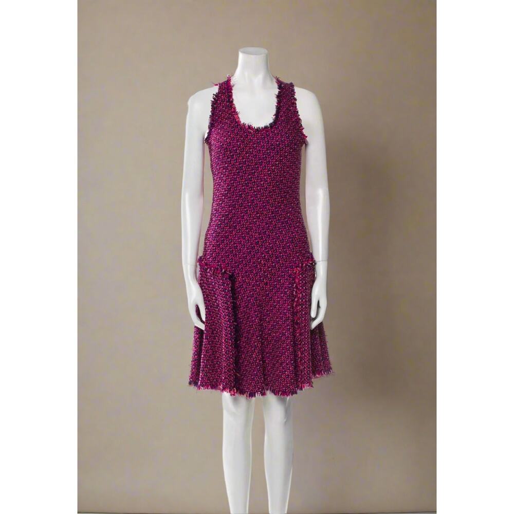 [Designer] LANVIN Tweed, Scoop-Neck, Fit-and-Flare Magenta Purple Dress Size 8